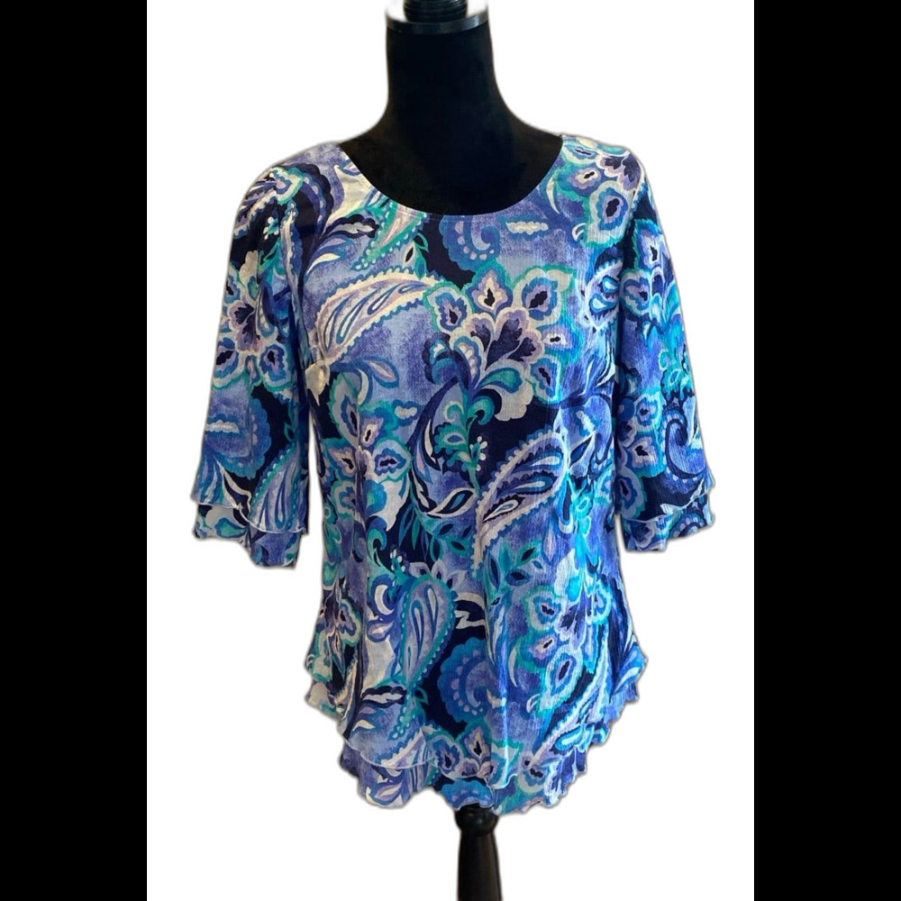 Soft Surroundings Blouse Sz ? Medium‎ Top Blue Ruffled Edge Sleeve & V Hemline
